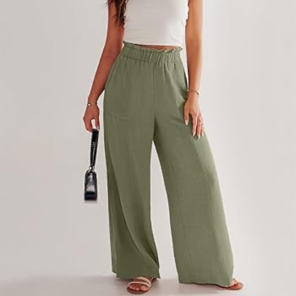 NWT Sincerely Jules Olive Green Wide Leg Cotton Linen Cropped Pants Split Hems